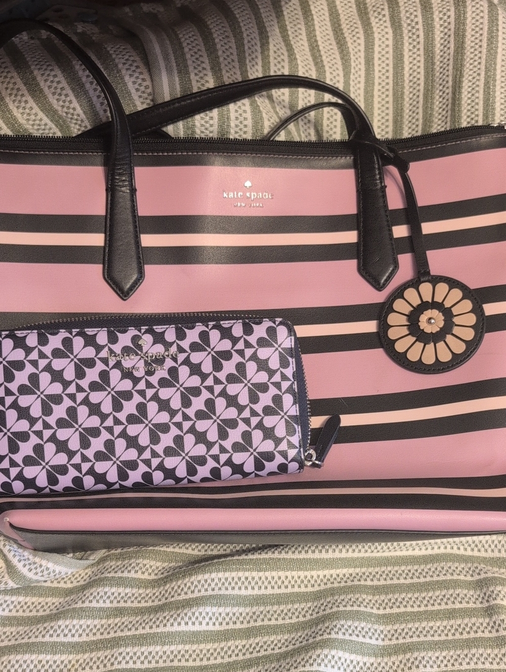 kate spade Pink and Black Striped Tote with Floral Charm